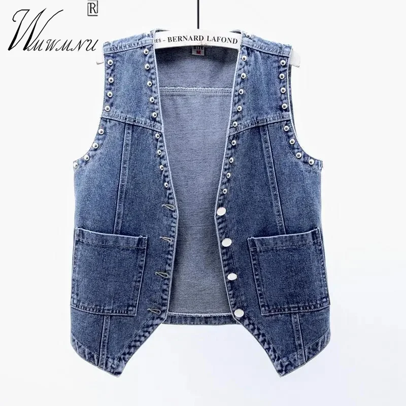 Streetwear Rivets Denim Vests Women Oversize 4xl VNeck Spring Summer