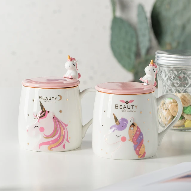 Simpatica tazza unicorno con coperchio cucchiaio tazza d'acqua in ceramica  creativa tazza da colazione al