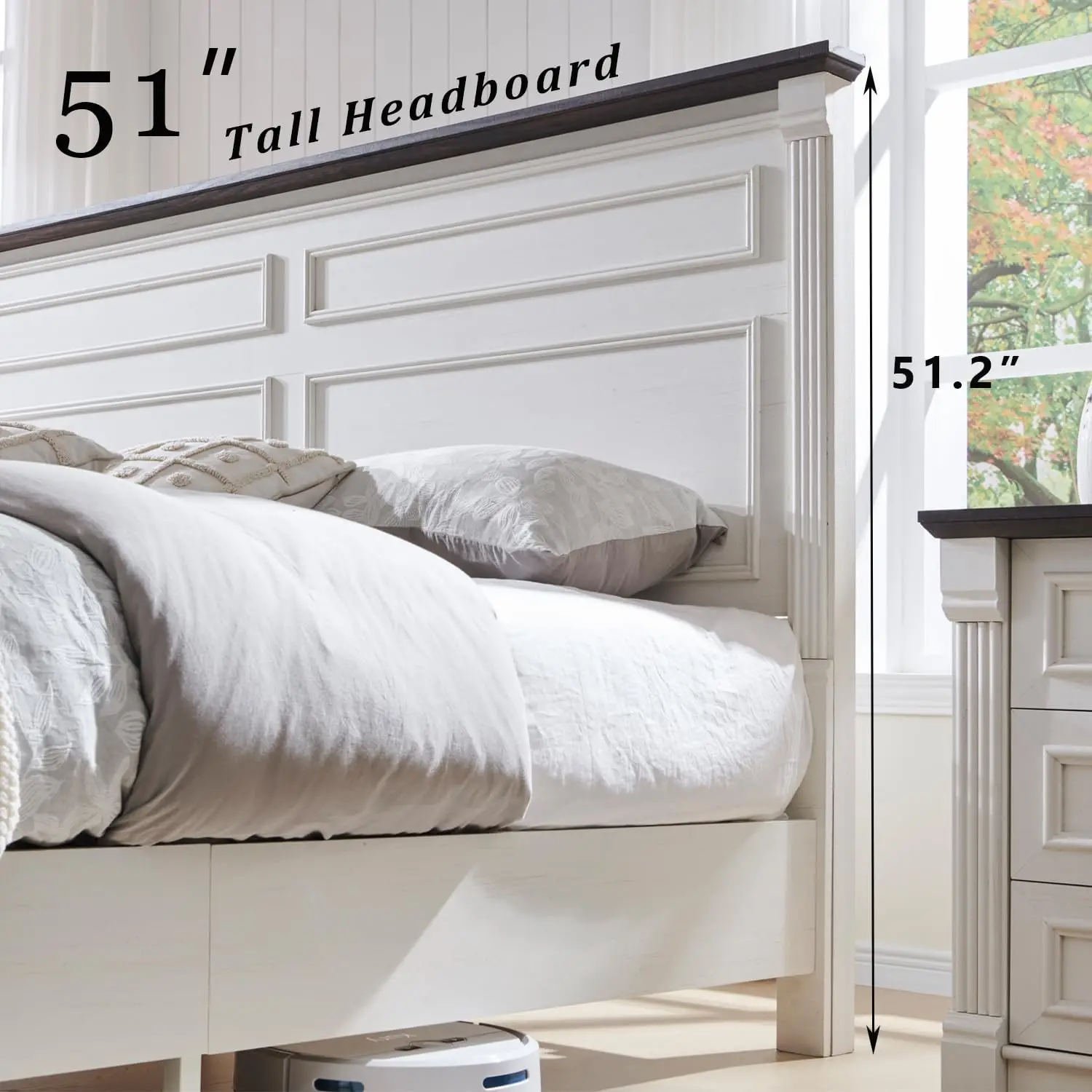 King Size Bed Frame with 51" Tall Headboard, Wood Platform Bed Frame with 20" Tall Roman Column Decoration Footboard (White) 4