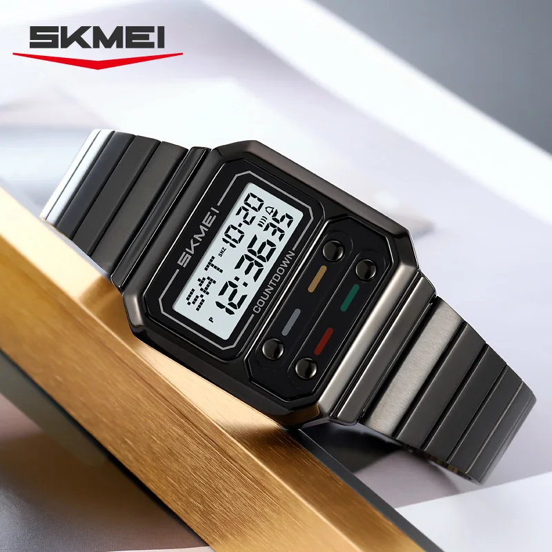 SKMEI 2448 Fashion Men Electronic Watch Vintage Business Luminous Calendar Waterproof Steel Strap Casual Digital Watches for Man