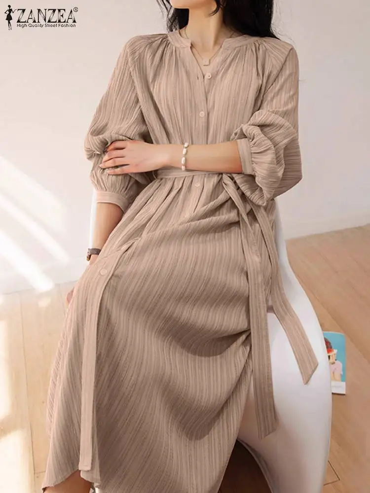 

ZANZEA Holiday Casual Solid Robes Women Belted Long Dress 2023 Autumn 3/4 Puff Sleeve Vestidos Fashion Pleat Buttons Midi Dress