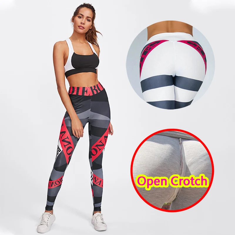 

Woman Sexy Open Crotch Leggings Digital Print Spandex Crotchless Panties Sport Push Up Pants with Hidden Zippers Booty Lifting