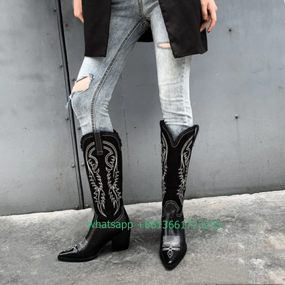 

Chunky Heel Pointed Leather Boots Suede Lining Embroidery Knight Boots Autumn Winter New Retro Women Cowboy Boots Fashion Shoes