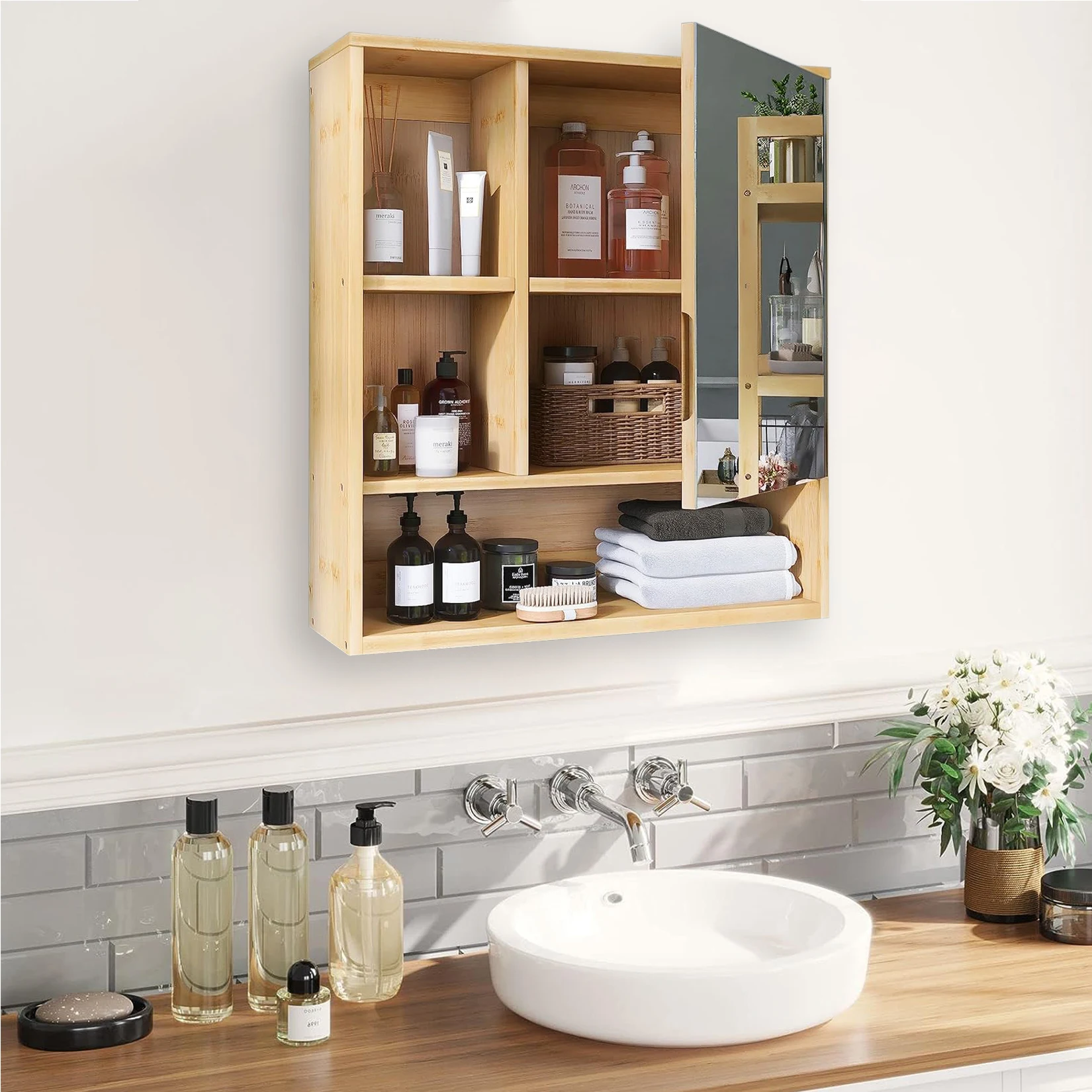Wall Medicine Cabinet Natural Bamboo Bathroom Storage Cabinet with Mirror 5