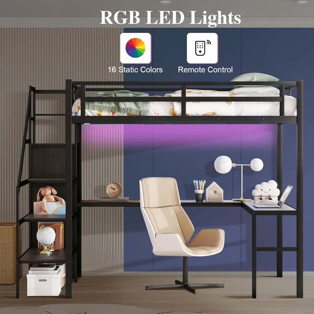 Metal Full XL Loft Bed with Desk and Wardrobe, Storage Stairs, LED Lights, USB Port, Heavy Duty Space Saving Children's Wardrobe 6