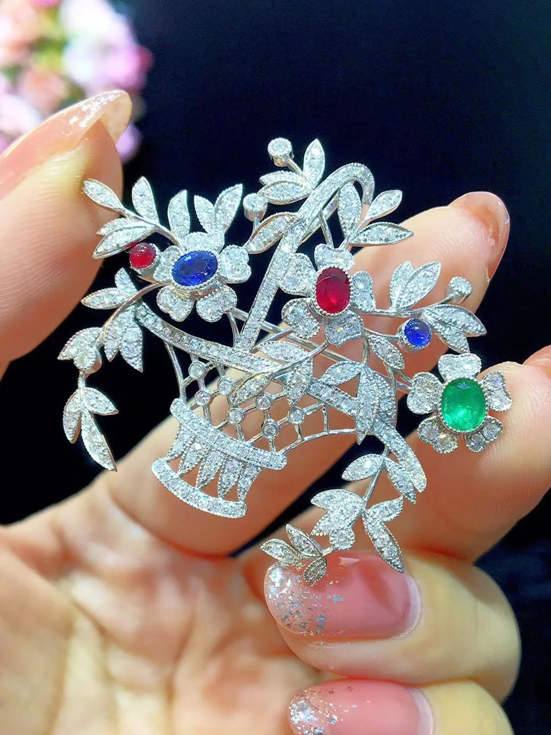genuine jewelry 18K white gold with diamond flower basket brooch & pendant double use ruby emerald sapphire fine women jewelry 8 Sec956b58dfdf4a80b43a88c1012bdec9t genuine jewelry 18K white gold with diamond flower basket brooch & pendant double use ruby emerald sapphire fine women jewelry