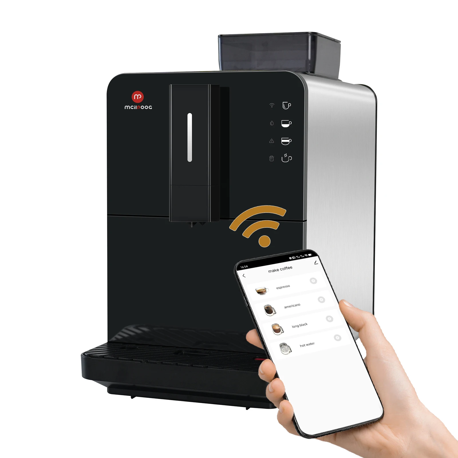 Mcilpoog HI01 Fully Automatic Coffee Machine, Compact Coffeemaker with Grinder , WiFi Connected,  4 Flavors for Home and Office.