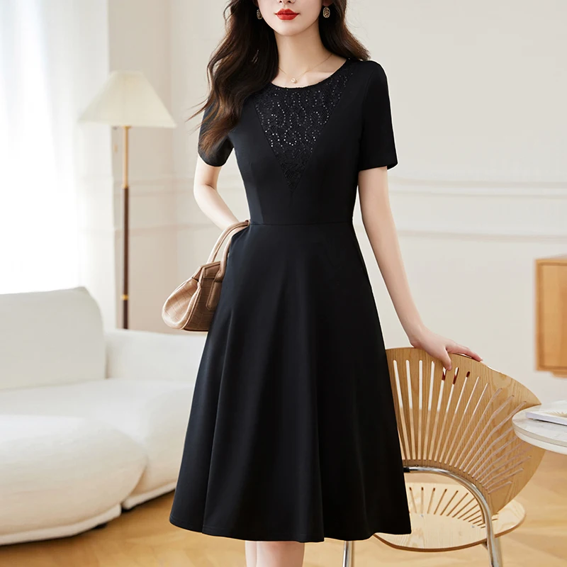 

Elegant Fashion Harajuku Slim Fit Female Clothes Loose Casual All Match A-line Skirt Solid Sequins O Neck Short Sleeve Dresses