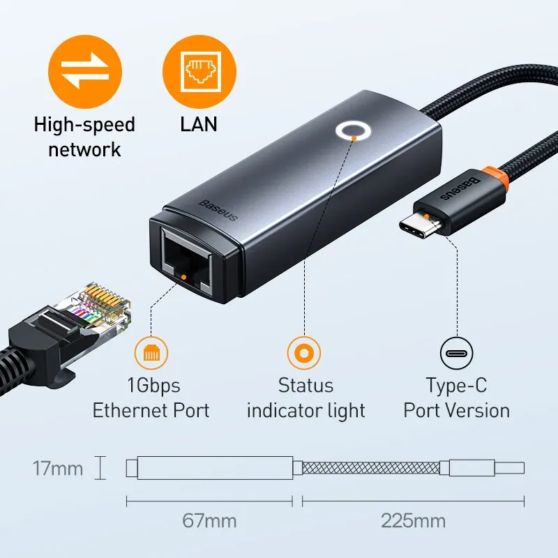 Baseus USB C에서 이더넷 어댑터, 알루미늄 기가비트 USB C 어댑터, 노트북 맥북 프로용, 1000/100Mbps USB 랜, RJ45 네트워크 카드
