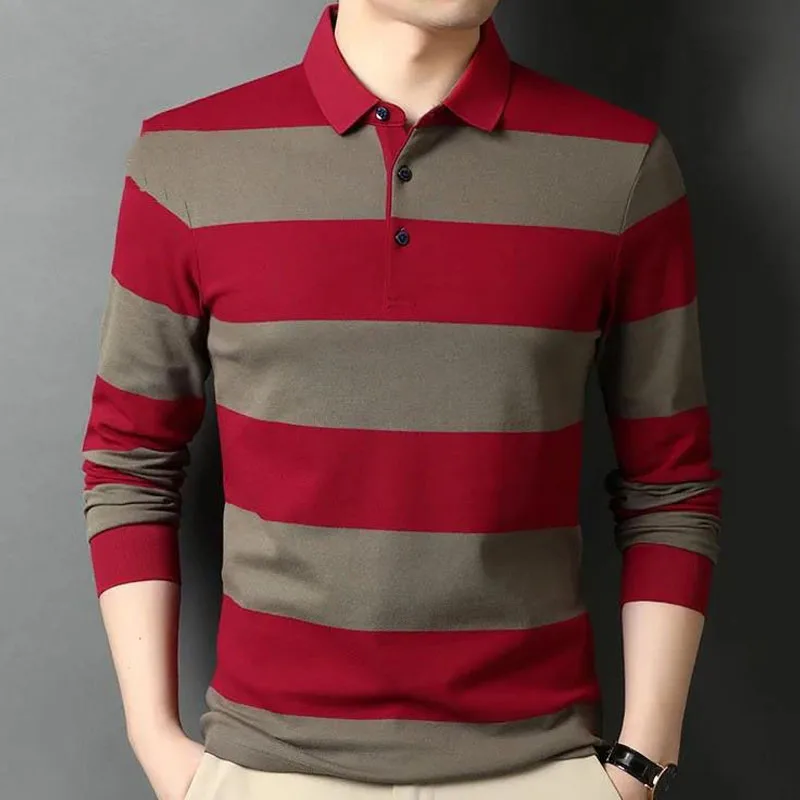 

New Spring and Autumn Fashion Loose Colored Striped Polo Collar Casual Long Sleeve Versatile Age Reducing Style Men's Polo Top