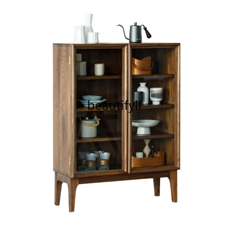 

Black Walnut Wood Sideboard Cabinet Nordic and Japanese Style Storage Glass Display Tea Entrance Side Cabinet All Solid Wood