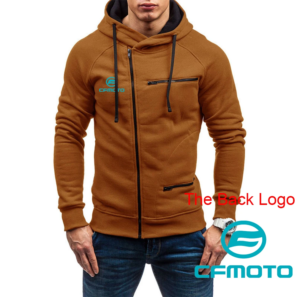 2023 Spring Autumn Cfmoto Logo Print Long Sleeve Oblique Zip Cardigan Hoodies Men Casual Solid Color Hooded Pullover Trendy Coat