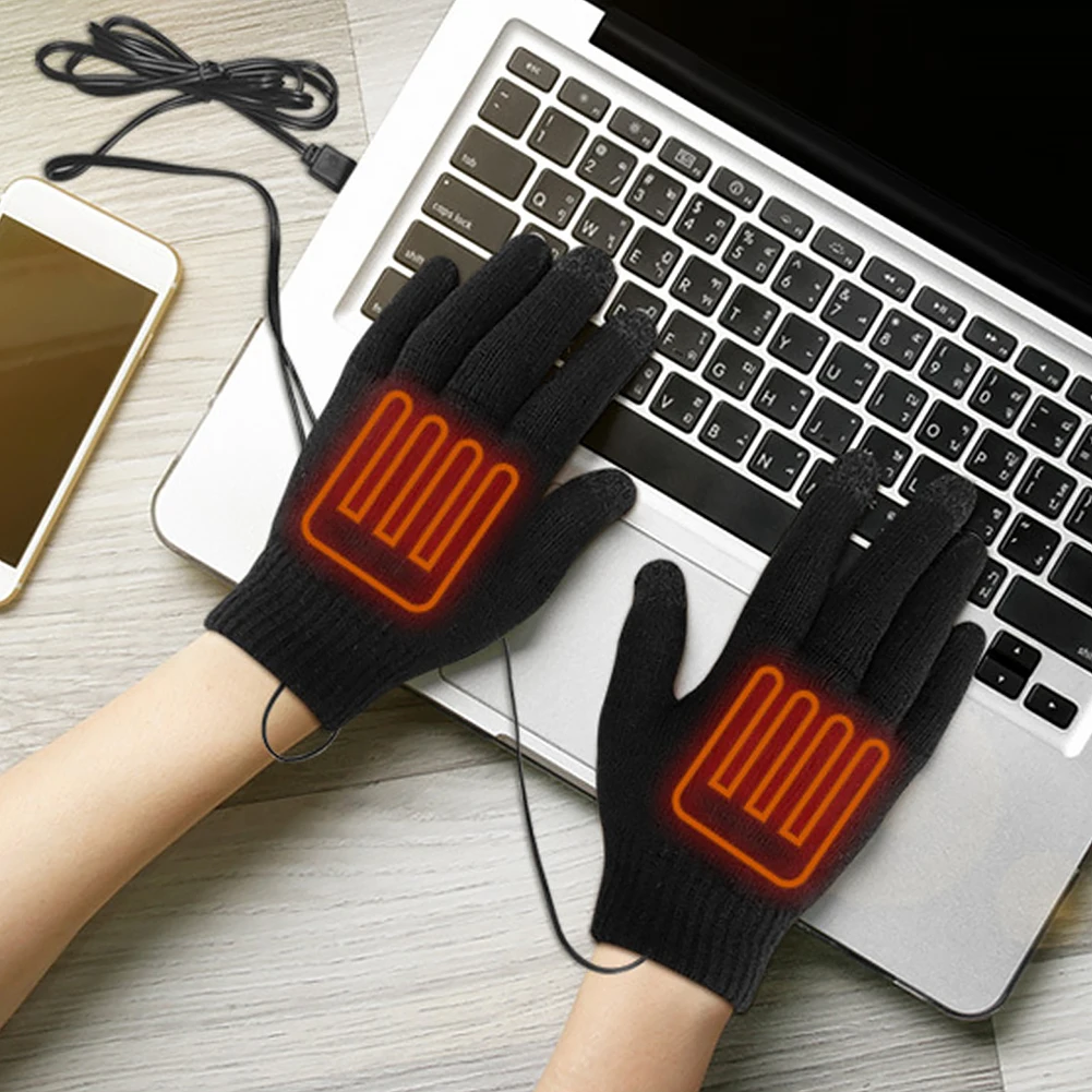 Winter Electric Heated Gloves Touch Screen Knitted Hand Warmer USB Heating Full Finger Heated Gloves for Outdoor Riding Camping