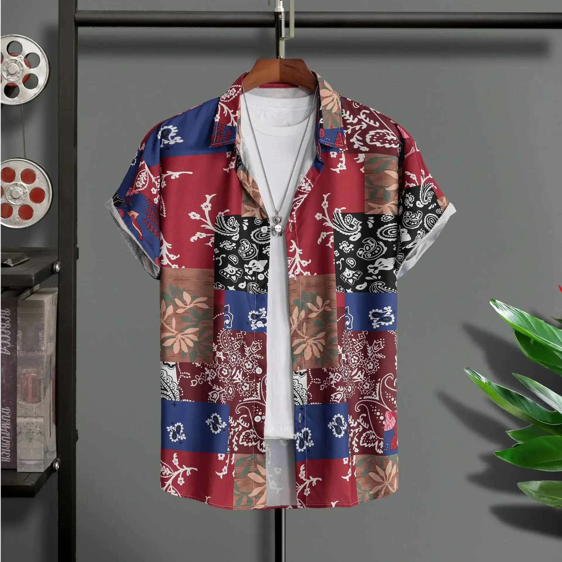 2025 Hawaiian Shirt Men Fashion Flower Geometric Printed Blouse Single-breasted Beach Short SleeveTops Men's Holiday Clothing 3