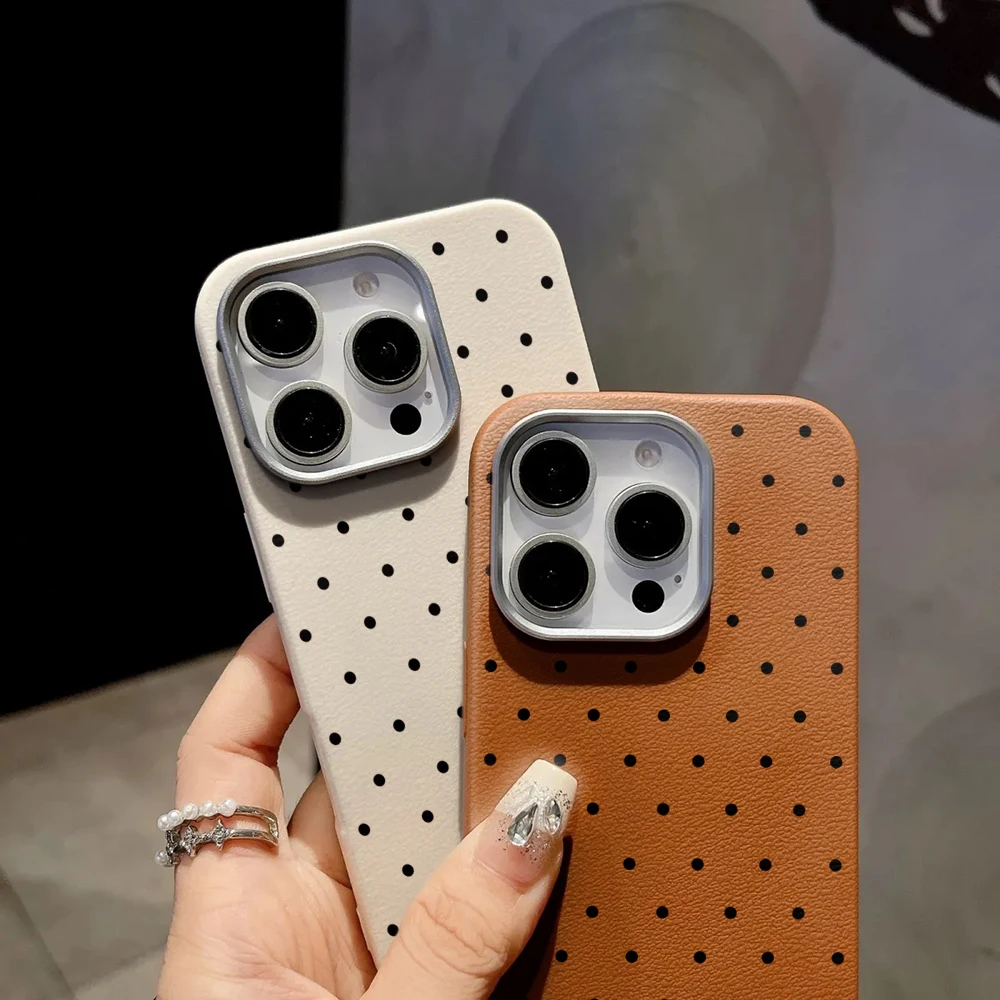 Chic Polka Dot Leather Texture Phone Case with Korean Design