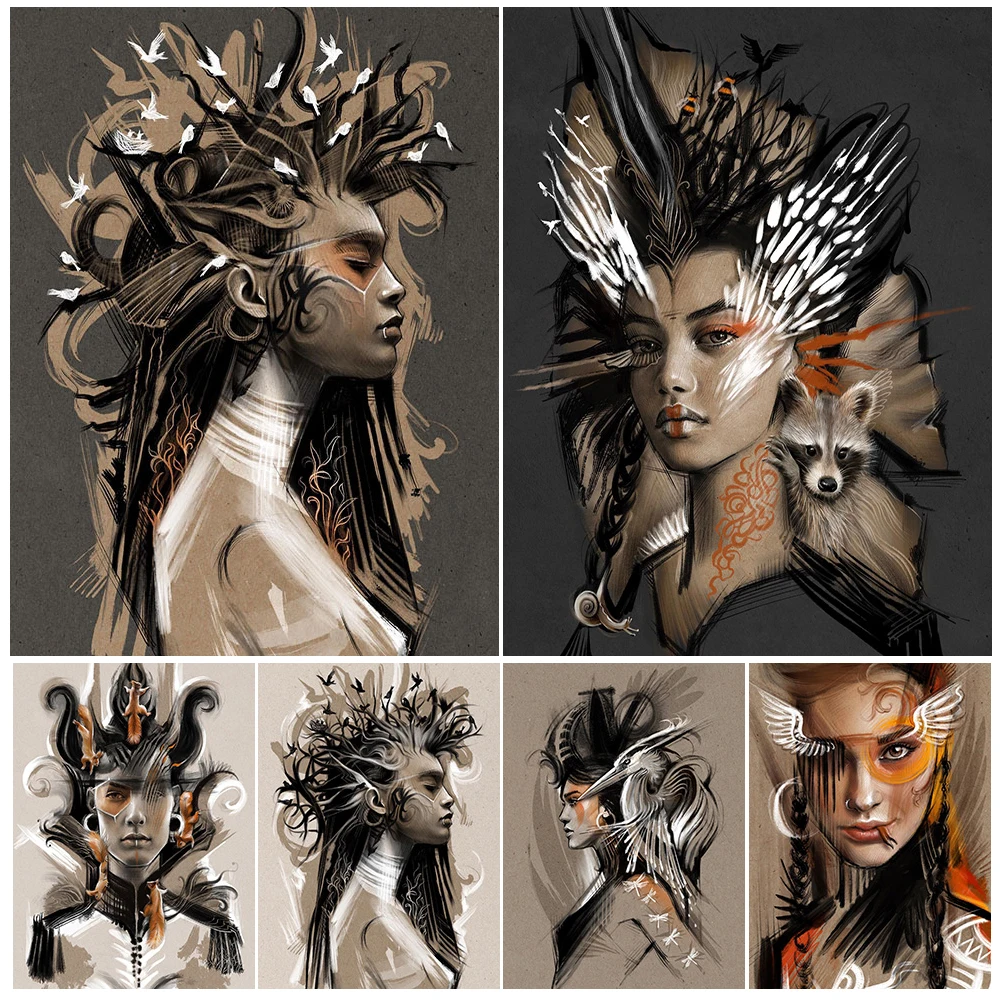 

Indian Girl Woman Feather Headwear Abstract Poster Wall Art Canvas Painting Home Decor Wall Pictures For Living Room Unframed