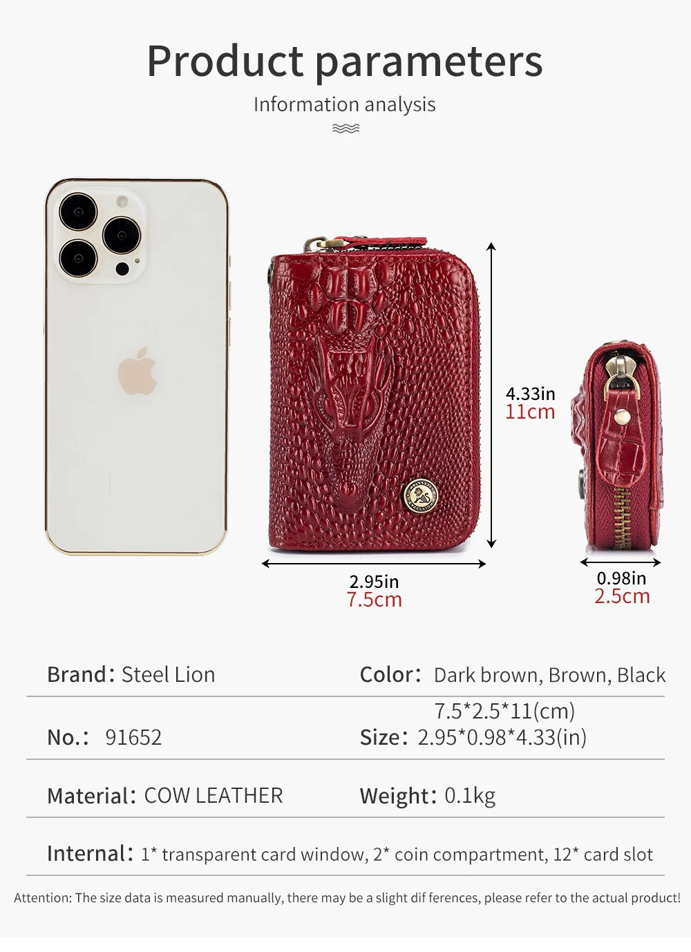 STEEL LION Cow Pickup Bag, Unisex, multifunktionale Münztasche mit Krokodilmuster, Schlüsseltasche mit mehreren Fächern und diebstahlsicherer Eisenkette – Detail 7