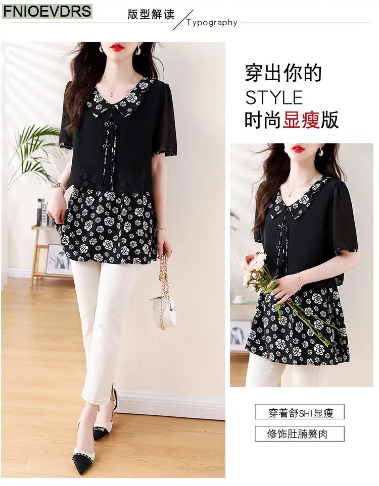 L-5XL Loose Clothes 2024 Women Summer Short Sleeve Elegant Ruffles Shirts Casual Retro Floral Tunic Peplum Tops And Blouses