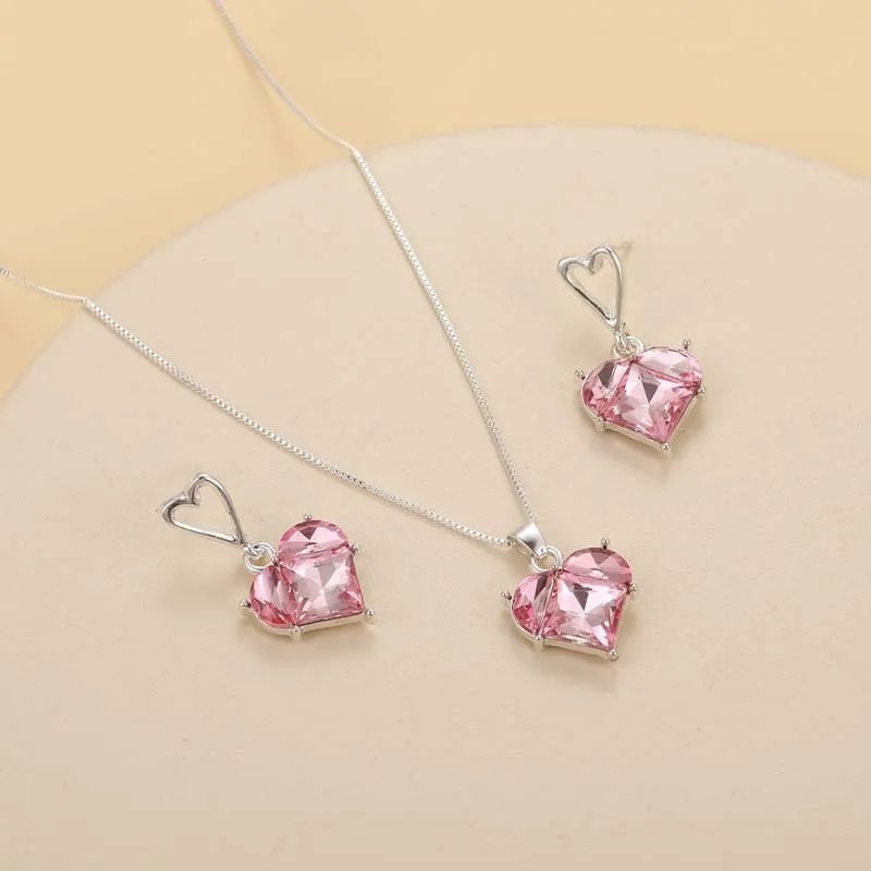 Fashion Pink Crystal Heart Pendant Necklace Set for Women