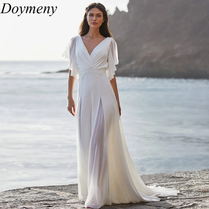 

Doymeny Bridal Wedding Dress V-Neck Sweep Train Illusion Appliques Satin Draped Half Sleeve Simple A-Line Robe De Mariée 2023