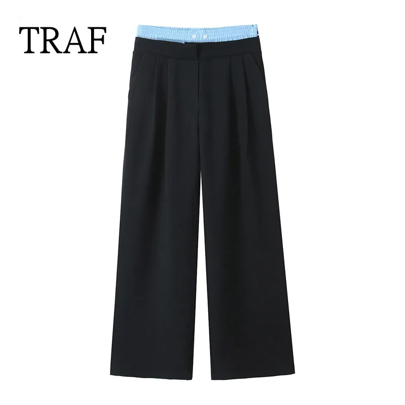 

TRAF Women Pants 2024 Spring Splicing Trousers Woman Clothing Loose Casual Wide Leg Pant Vintage Office Modern Woman Pants