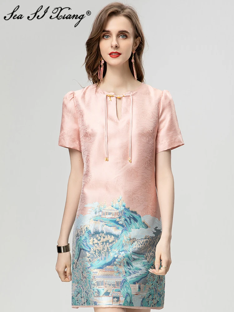 

Seasixiang Fashion Designer Summer Chinese Style Jacquard Dress Women's O-Neck Short Sleeve Pockets Lace-up Dresses