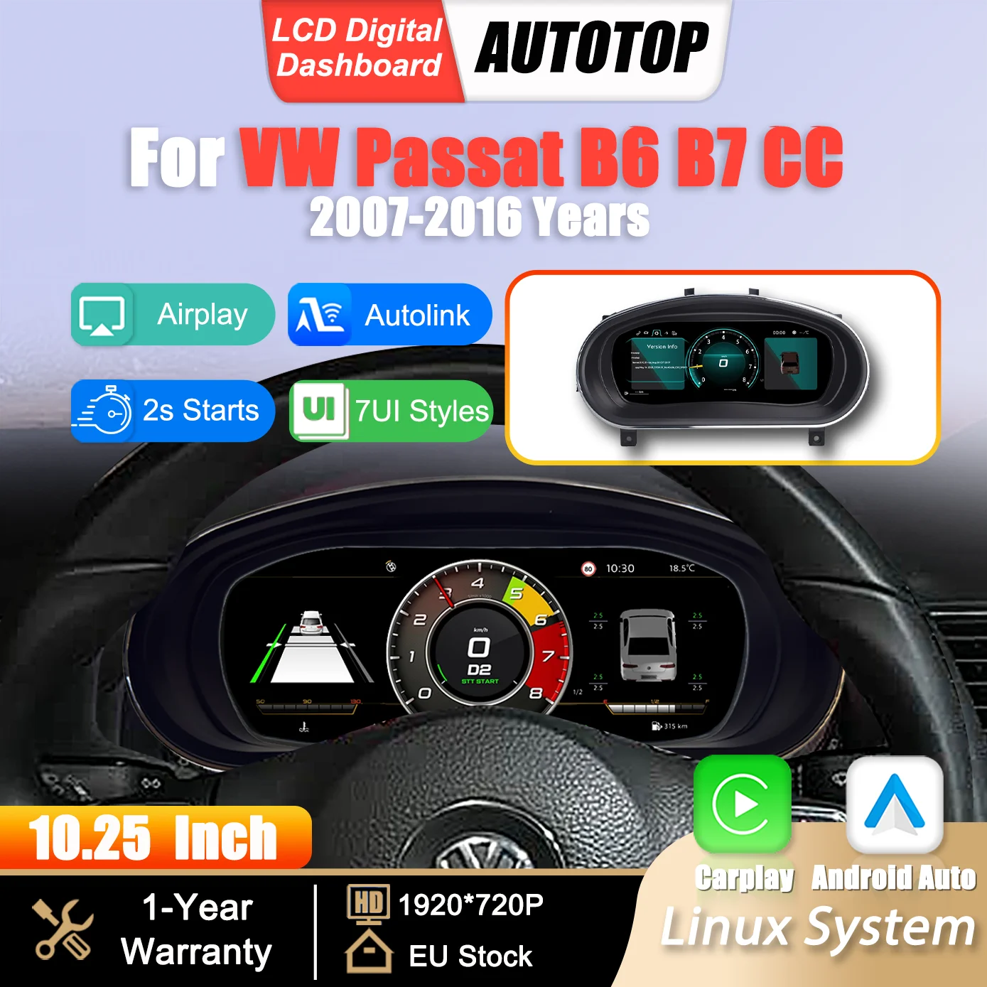 Panel de Instrumentos Digital LCD Linux de 10.25 Pulgadas para VW Passat B6 B7 CC 2007-2016, Carplay Inalámbrico, Android Auto, Cabina Virtual 1