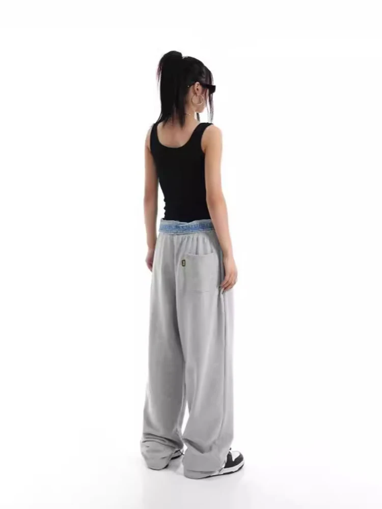 HOUZHOU Hip Hop Grey Sweatpants Women Sports Pants Button Jean Elastic Waist Pants Loose Trousers Y2K Casual Sportwear Joggers