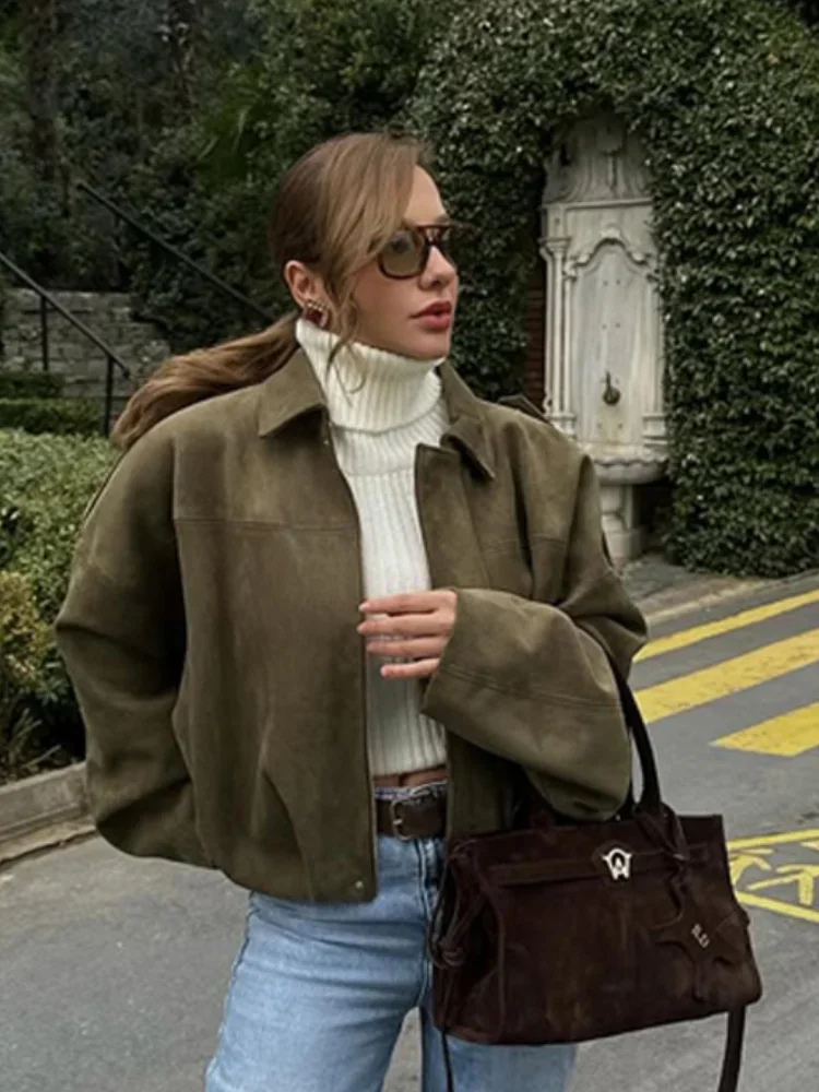 ファッションスタンドカラースエードジャケット レディース 長袖 ポケット ジッパー ルーズボンバージャケット 2025秋 レディース ハイストリート アウター