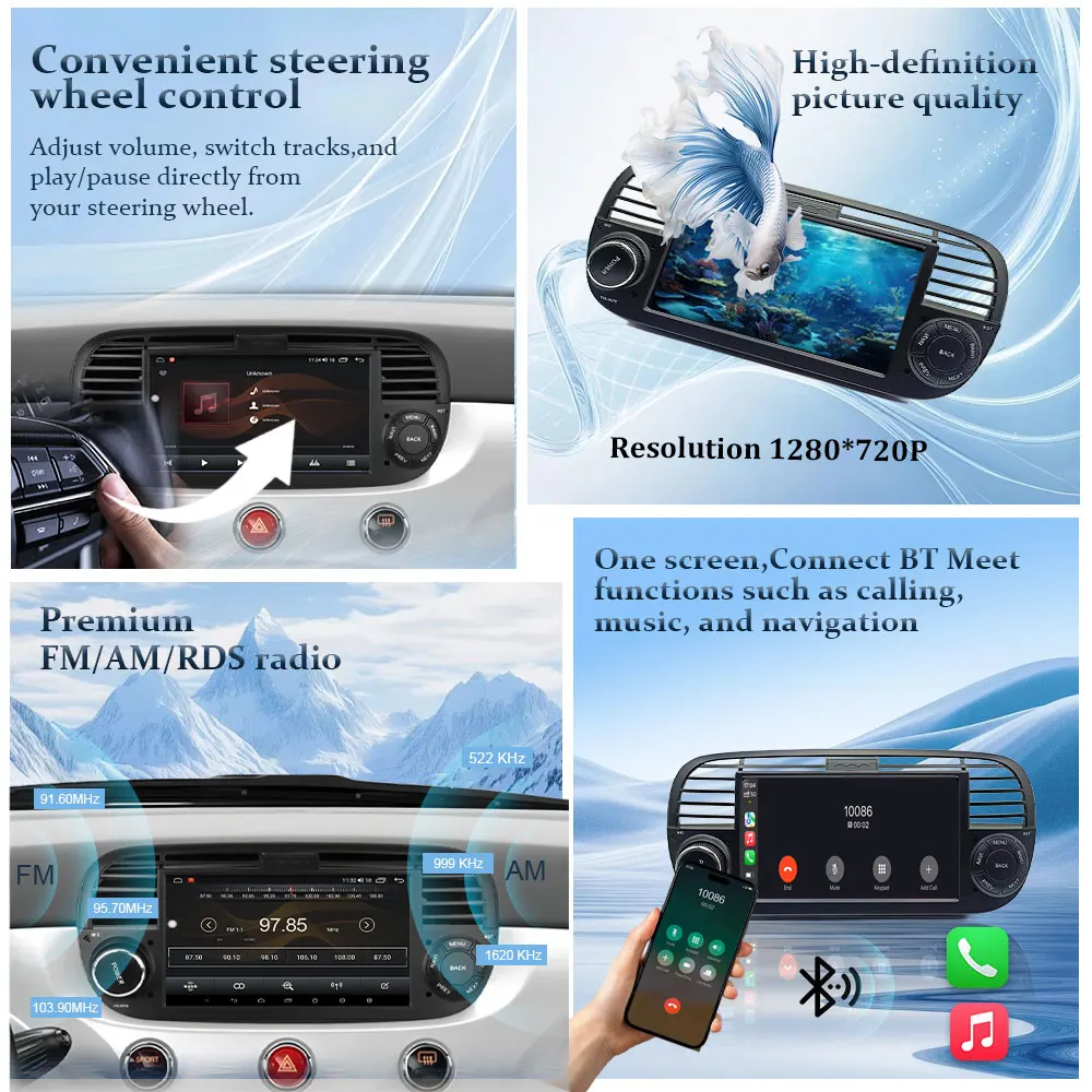 Para FIAT 500 Abarth 2007 - 2015 Android 15 Carplay Auto 7 pulgadas GPS Navi Radio de coche reproductor Multimedia pantalla dividida vídeo DSP 4G BT 6