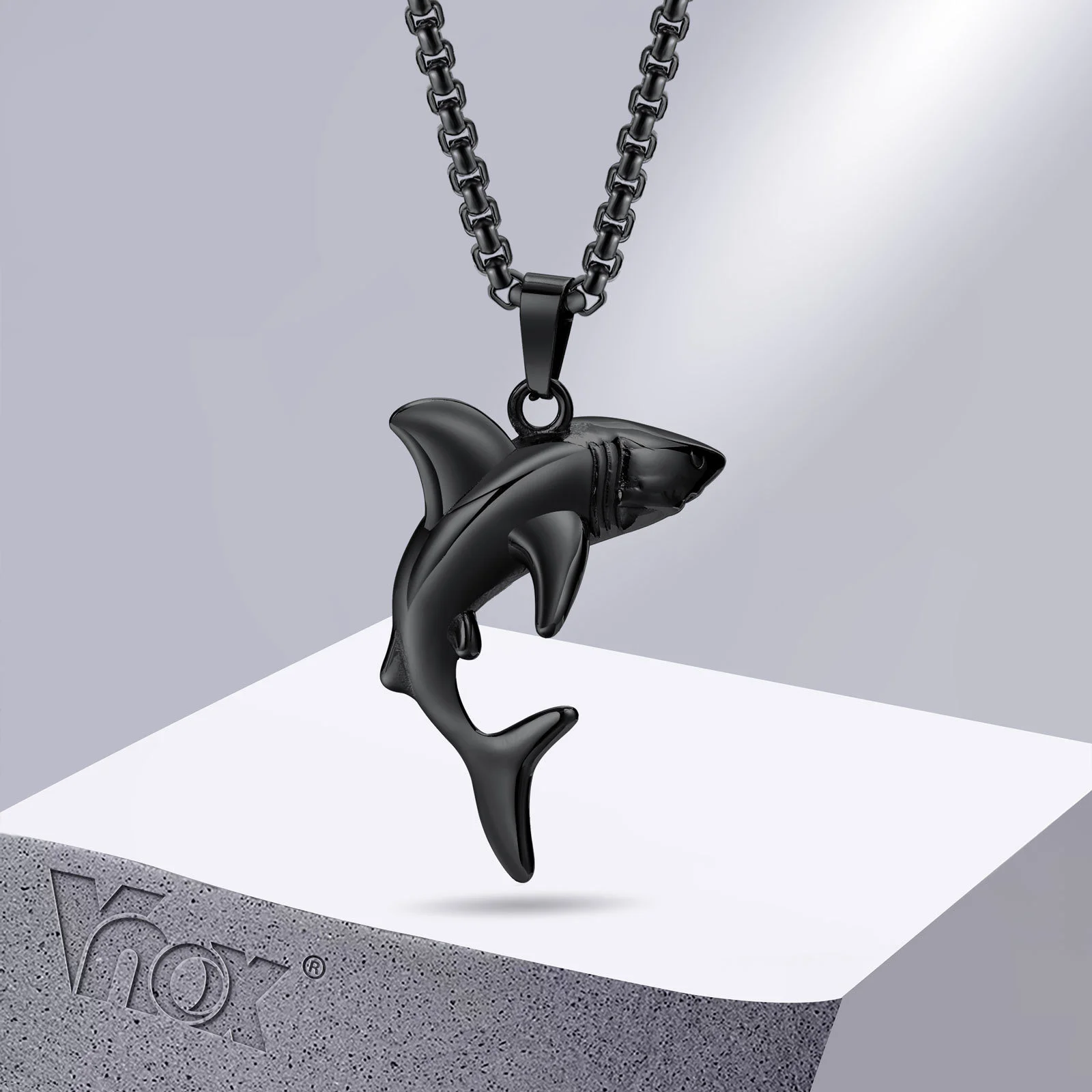 Vnox Stilvolle Hai-Halsketten für Herren und Jungen, Rock-Punk-Tier-Anhänger, Kragen, Schmuck mit Edelstahl-Kastenkette, 50/55/60/70 cm