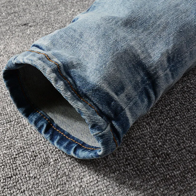 High Street Fashion Men Jeans Retro Light Blue Stretch Skinny Fit Ripped Jeans Men Leather Patched Designer Hip Hop Brand Pants