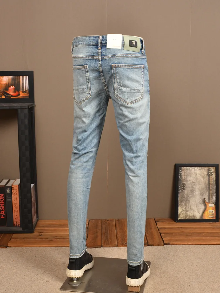 Ripped Jeans Men's Retro Trendy Slim-Fit High-End Korean Style Casual Light Blue Skinny Tappered Pants