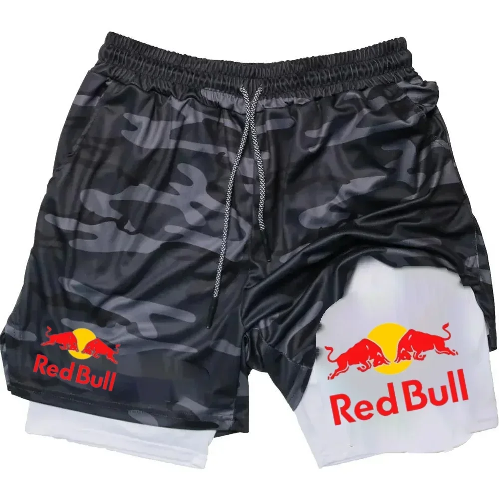 Mens 2-in-1 Red Bull Sports Shorts - Quick-Dry Breathable Running Underwear M-3XL