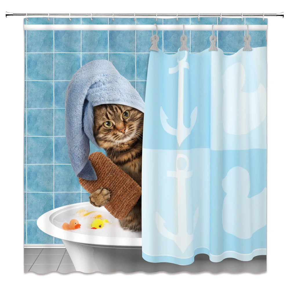 Cortina De Ducha Con Estampado De Gato Acuarela - 188x183 Cm, Poliéster Impermeable, Incluye 12 Ganchos, Decoración Para Baño