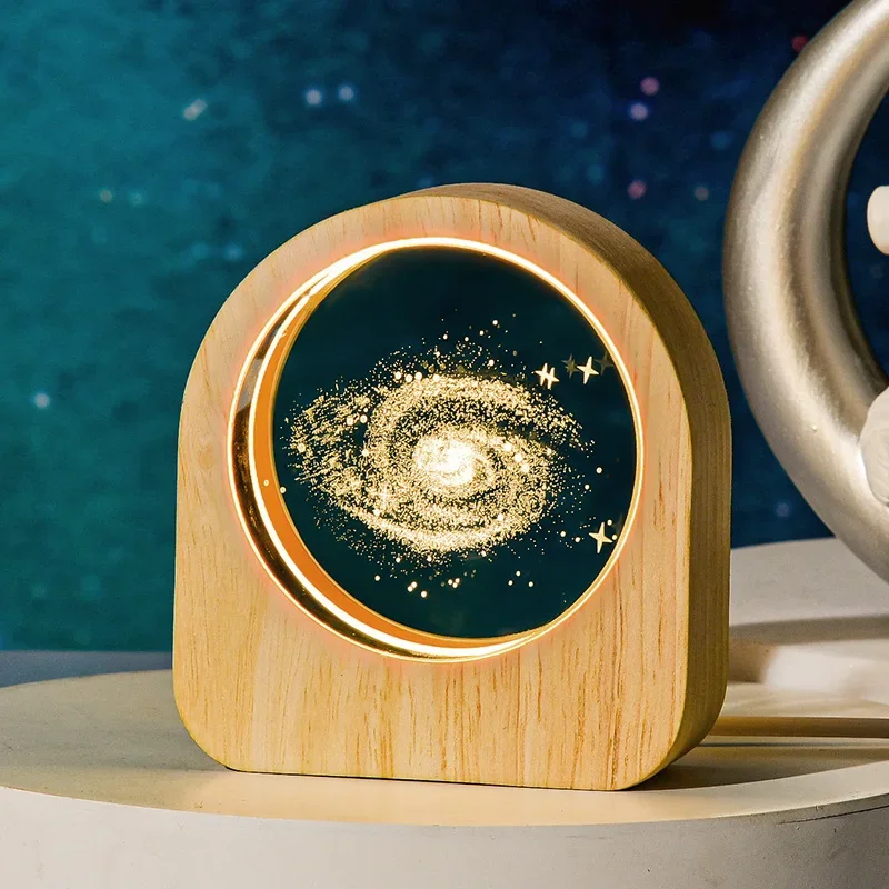 Enchanting Starry Sky Crystal Ball with Wooden Base - Solar System Galaxy Decor for Valentine's and Home Elegance