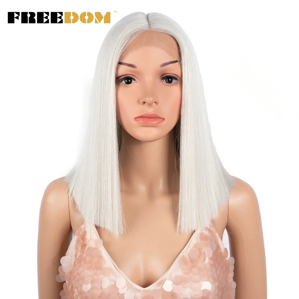 FREEDOM Synthetic Lace Wig Short Bob Straight Middle Part Lace Wigs Blue White Pink Purple Ombre Color Cosplay Wigs For Wome europe 2023 new summer wome wide leg pants luxury diamond pentagram beading elastic high waist casual a line denim shorts blue