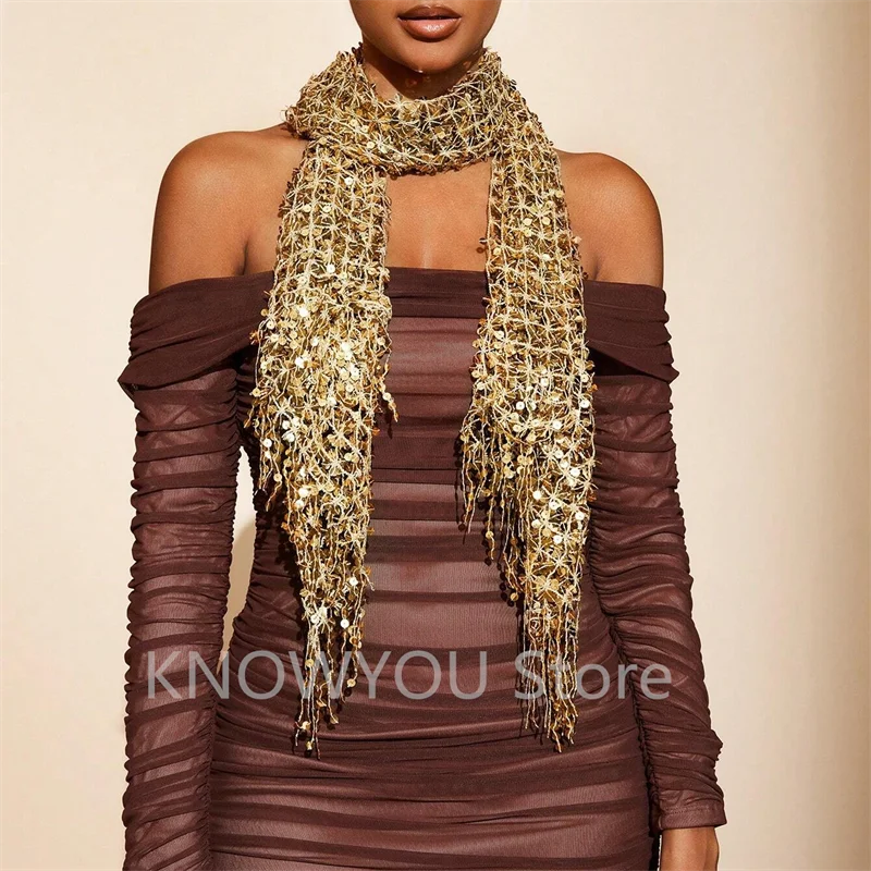 Vintage Golden Sparkle Fringe Scarf Party Shawl Women Luxury  display picture 3