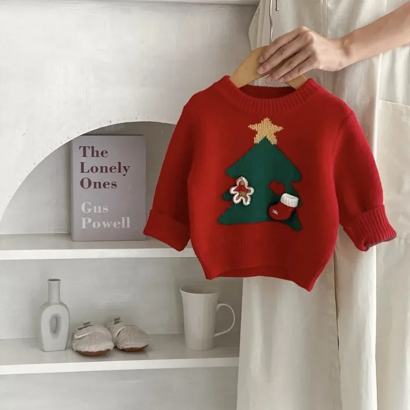 

Autumn Winter baby christmas sweater Christmas tree jacquard Toddler knitwear Boys Girls warm knit pullover