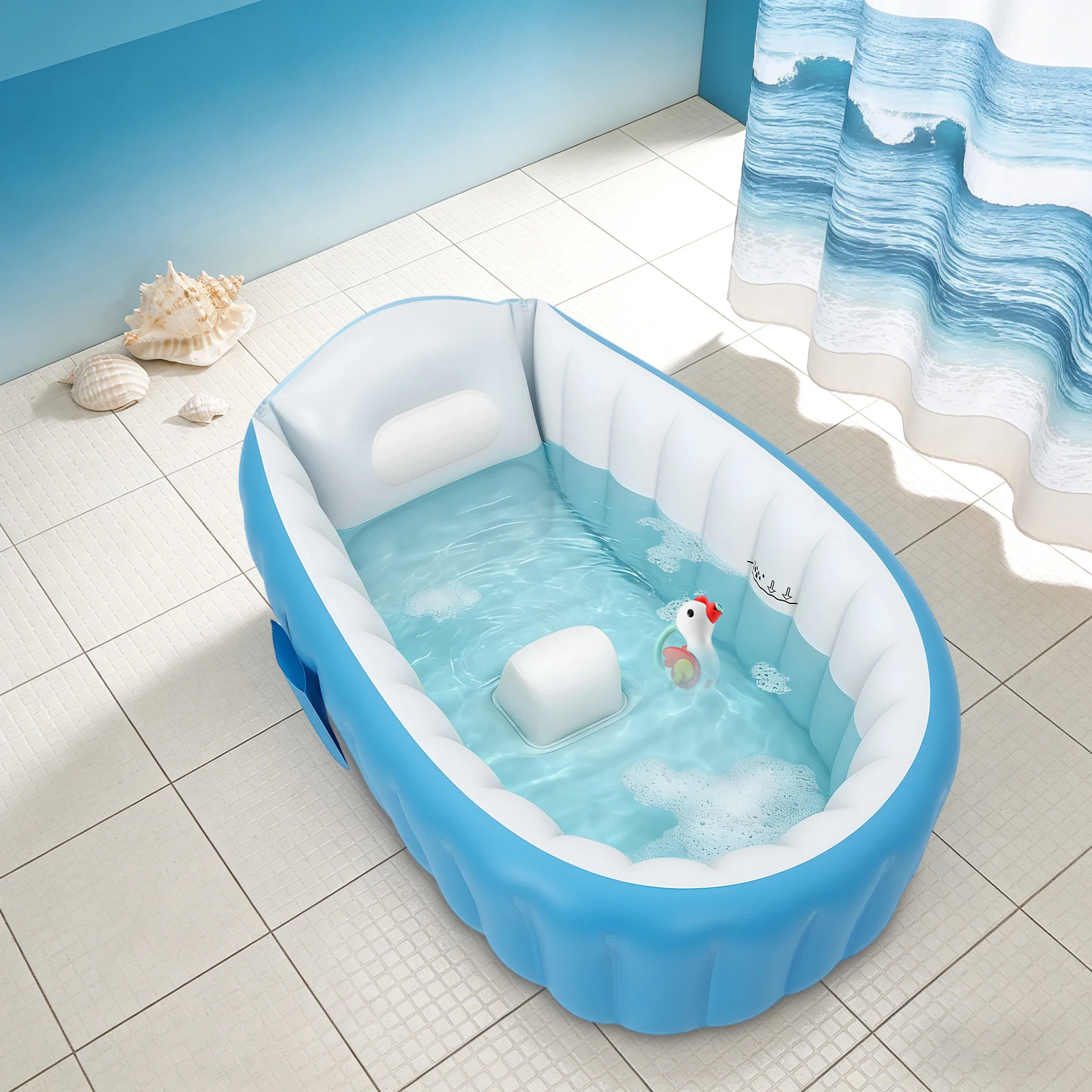 Faltbare & Aufblasbare Babybadewanne für Neugeborene bis Kleinkinder (0-3 Jahre), Tragbare Badewanne, Säuglings-Badesitz mit Rückenstütze – Detail 7