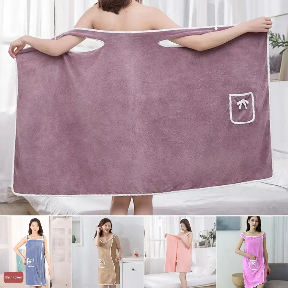 Women Microfiber Bathrobe Soft Coral Fleece Bath Towel Wrap with Adjustable Button Closure Unisex Pocket Water for Shower