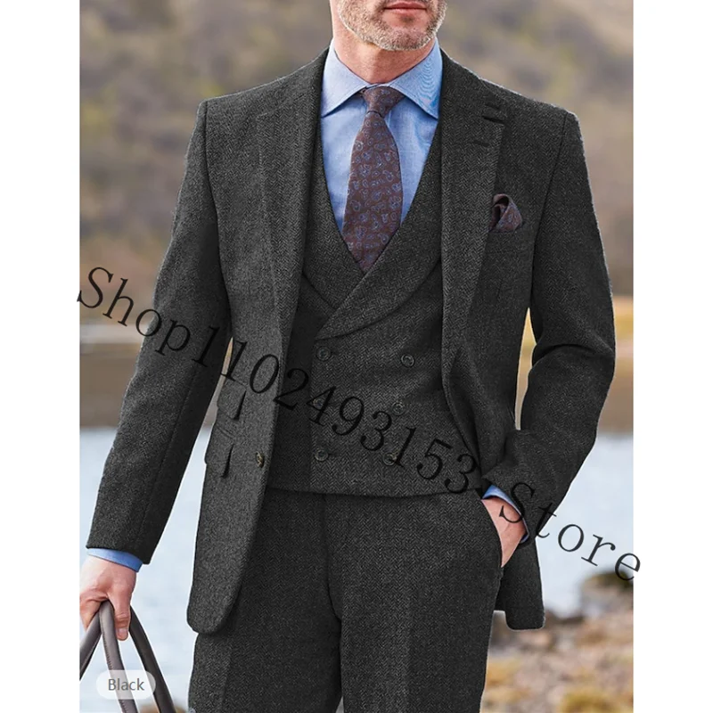 Herringbone Suit Men 3 Pieces Formal Business Tweed Tuxedos Tailor-made Wedding Male Suits Jacket Vest Pants Trajes De Hombre