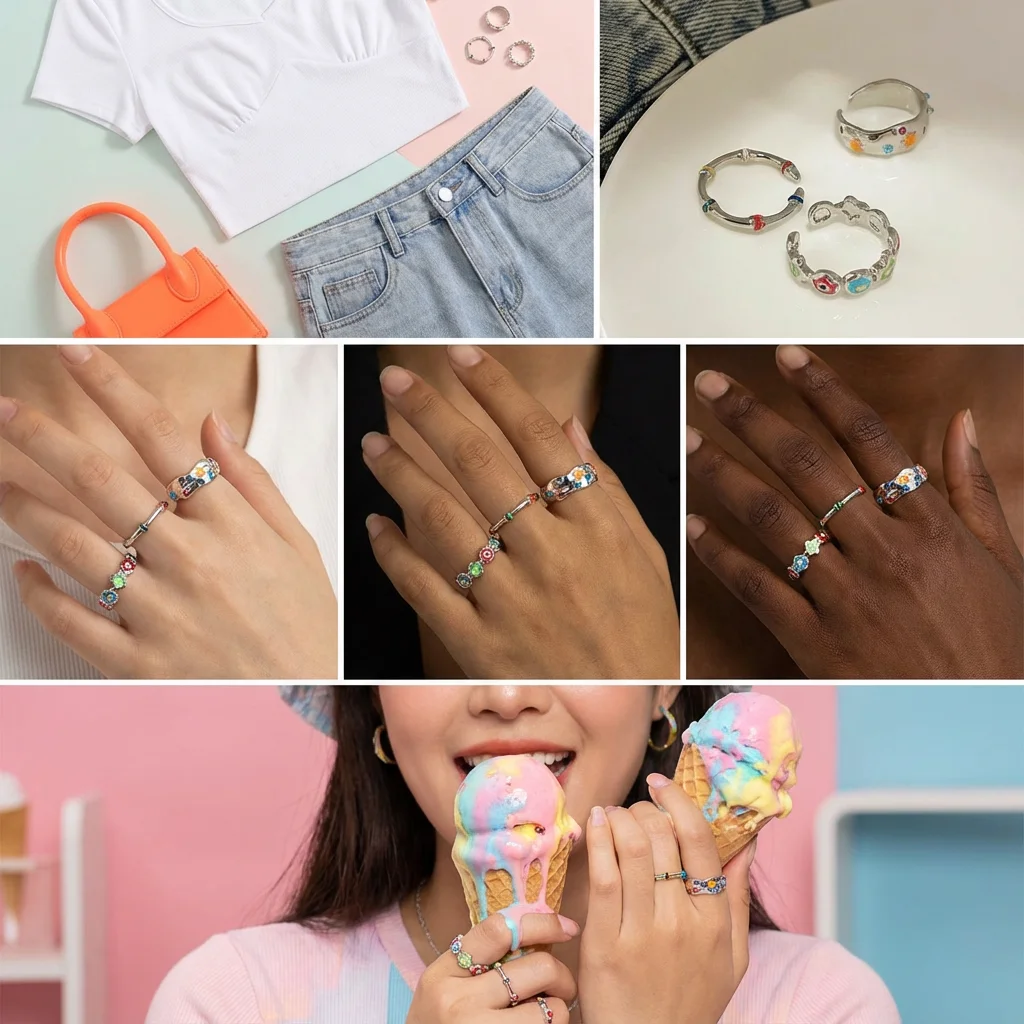 Vintage Y2K Buntes Emaille-Ringset für Frauen Ästhetische Blumen-Stern Offene Ringe E-Girl Dopamin Mode-Schmuck Accessoires Geschenk – Detail 1