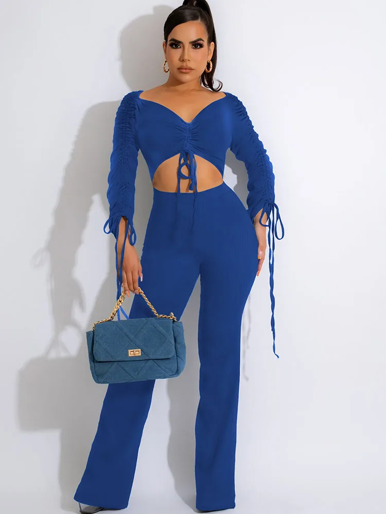 Sexy Birthday Party 2 Piece Sets Women Outfits Fall Clothes Drawstring Ruched Bandage Crop Top+Legging Pants Club Outfit Elegant