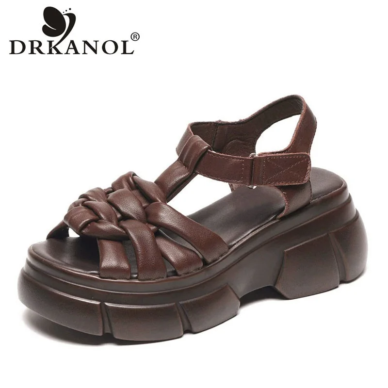 

DRKANOL 2024 Handmand Woven Genuine Leather Sandals Women Retro Wedges Height Increasing Platform Sandals Summer Open Toe Shoes