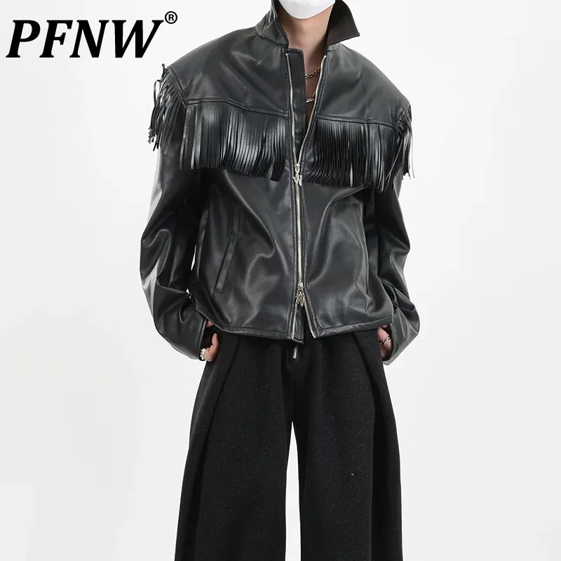 

PFNW Niche PU Leather Tassel Design High Sense Shoulder Pad Jacket Short Chic For Men Autumn New Punk Tide Fashion Coat 12Z6216