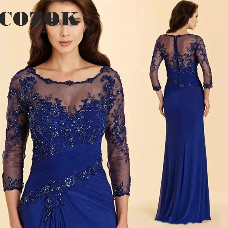 

Latest Mermaid Royal Blue Lace Mother Of The Bride Dresses Applique Beaded O Neck With 3/4 Sleeves Wedding Party Gowns SX56