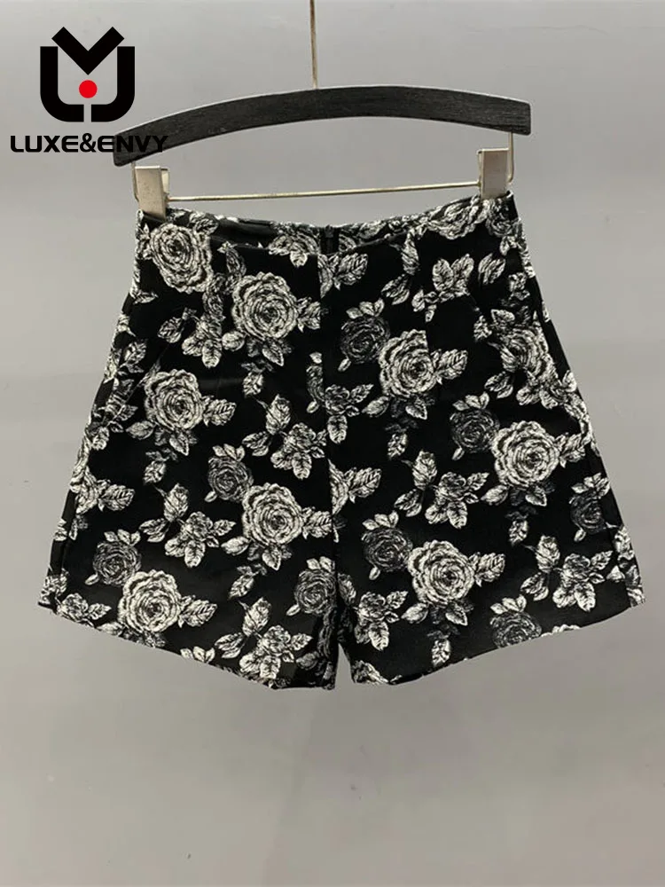 

LUXE&ENVY Black Jacquard Shorts Women's New Fashion High Waist Loose Slim A-line Wide Leg Pants 2023 Autumn
