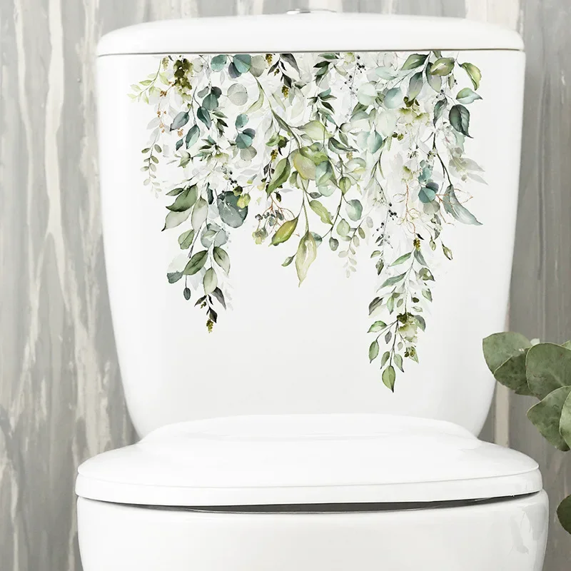 Green Plant Leaves Wall Sticker Bathroom Toilet Sticker WC Self Adhesive Mural Beautify Flower Home Decoration Decals
