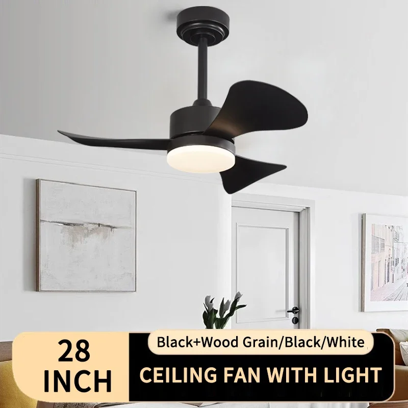 28 IN small modern ceiling fan light with LED 6-speed high wind 3 walnut leaves and remote control, bedroom, living room, indoor